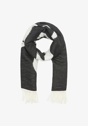 Czarny i biały szalik w wzory o miękkiej teksturze, z frędzlami na końcach i okrągłym kształcie. Wykonany z przytulnej mieszanki materiałów.