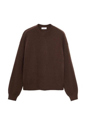 Dunkelbrauner, langärmeliger Strickpullover mit geripptem Rundhalsausschnitt, Bündchen und Saum, vor einem weißen Hintergrund präsentiert.