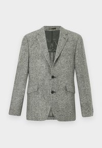 Szary blazer w kratkę z dwoma guzikami, z klapami typu notch, przednimi kieszeniami oraz zieloną podszewką. Uszyty z teksturowanej tkaniny, charakteryzujący się klasycznym wzornictwem.