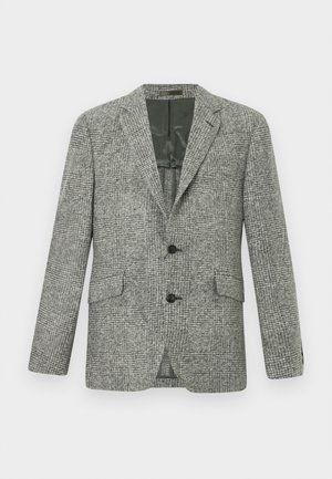 Blazer gris a cuadros con dos botones, solapa normal, bolsillos frontales y forro verde. Hecho de tejido texturizado, con un diseño clásico.