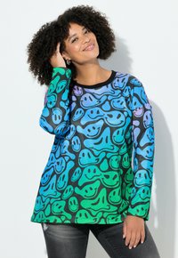Maglietta a maniche lunghe con un motivo a gradiente di faccine sorridenti in blu e verde su sfondo nero, con scollo rotondo nero.