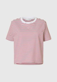Cropped t-shirt in white with red horizontal stripes, short sleeves, and a round neckline. Soft fabric with a regular fit.