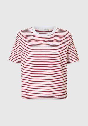 Lyhythihainen valkoinen crop top, jossa on punaiset vaakasuorat raidat ja pyöreä kaulus. Pehmeä kangas, normaali istuvuus.
