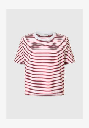 Camiseta recortada en blanco con rayas horizontales rojas, de manga corta y con cuello redondo. Tejido suave con un ajuste regular.