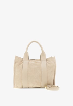 Borsa a tote in suede beige con accenti in pelle, manici arrotondati e tracolla staccabile. Presenta una chiusura con zip e dettagli cuciti.