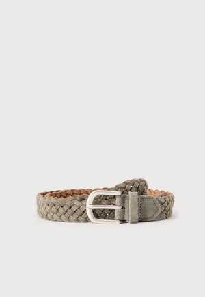 Braided grey suede belt with silver buckle laid flat on white background.