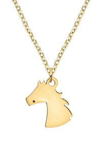 Halskette in Goldfarbe mit einem Pferdekopf-Anhänger. Der Anhänger hat eine glatte Oberfläche, komplexe Aussparungen und einen kleinen Punkt als Auge.