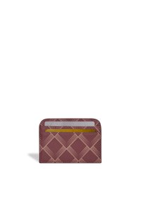 Card holder in dark burgundy leather with a geometric pattern. Features multiple card slots and a smooth texture. Compact rectangular shape.