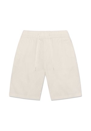 Ecru katoenen knielange korte broek met elastische tailleband en trekkoord voor verstelbare pasvorm, afgebeeld op een effen witte achtergrond.