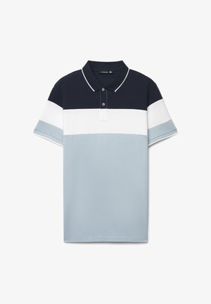 Polo a righe in blu navy, bianco e azzurro chiaro. Dotata di colletto, abbottonatura e maniche corte. Materiale in cotone liscio.