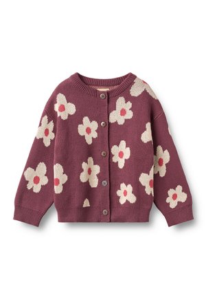 Geknöpfter lila Strickcardigan mit langen Ärmeln und cremefarbenen Blumen mit pinken Mittelpunkten überall.