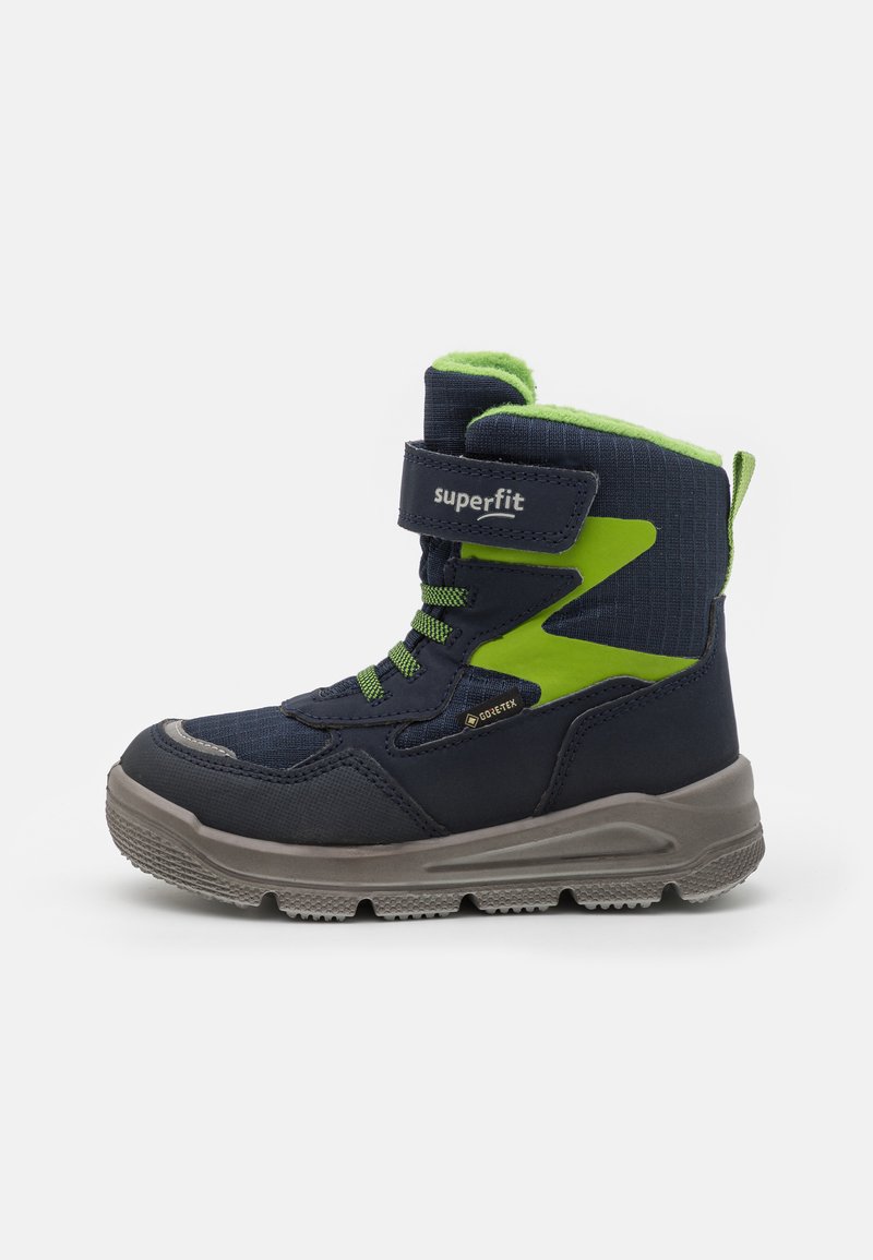 Marineblauwe en groene winterlaars voor kinderen met een klittenbandsluiting, gestructureerde stof, rubberen zool en geïsoleerde voering voor warmte.