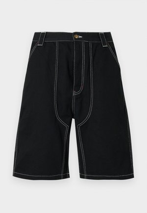 Black shorts with a straight cut, made of durable fabric. Features white stitching and a gold button accent. Includes front pockets.