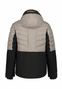 Giacca imbottita con una parte superiore beige e una parte inferiore nera, dotata di cappuccio. Realizzata in un tessuto liscio e resistente.