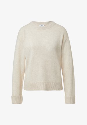 Bežový vlnený sveter s dlhým rukávom, s rebrovanými manžetami a spodným lemom, a s malou značkovou etiketou na výstrihu.