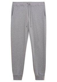 Szare dresy wykonane z miękkiego materiału, z elastycznym pasem wciągowym z sznurkiem, bocznymi kieszeniami i zwężającymi się mankietami na kostkach.