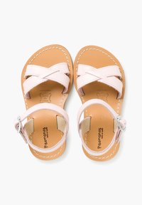 Roze leren sandalen met kruisbandontwerp en verstelbare enkelriem. Beige leren inlegzool en stikseldetail. Maat 25.