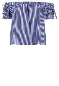 Niebiesko-biała w paski bluzka bez ramion z falbaną przy dekolcie. Krótkie rękawy związane po bokach. Tekstura przypominająca bawełnę. Standardowy krój.