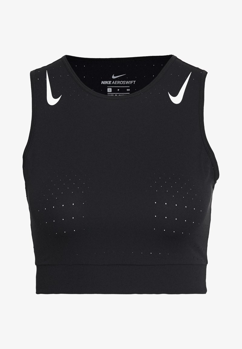 Svart Nike Aeroswift crop top med rundad halsringning och små ventilationshål för andningsförmåga, framhävd av vita swoosh-logotyper.