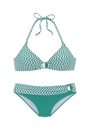 Green and white zigzag patterned bikini with halter tie top featuring a central clasp and matching bikini bottoms with a buckle on the waistband.
