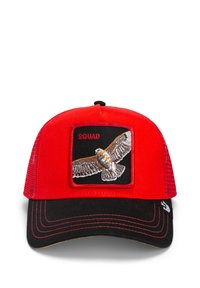 Casquette snapback rouge et noire avec des côtés en maille, ornée d'une broderie d'aigle et du mot "SQUAD" sur un patch carré.