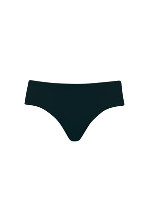 Schwarze, hochgeschnittene Bikiniunterteile mit glatter Textur; ein minimalistisches Design mit einem halbschichtigen Beinabschluss und ohne sichtbare Beschläge.