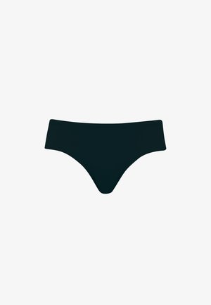 Schwarze, hochgeschnittene Bikiniunterteile mit glatter Textur; ein minimalistisches Design mit einem halbschichtigen Beinabschluss und ohne sichtbare Beschläge.