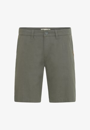 Dark green cargo shorts made of a smooth fabric. Features a button closure, belt loops, and a small logo patch on the side.