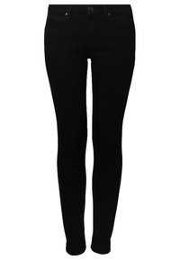 Jean noir slim-fit avec fermeture bouton et zip à l’avant, poches avant et arrière, présenté sur fond blanc.