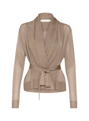 Mirdzošs bēšs apmetnis ar plūstošu apkakli, garām piedurknēm un saskaņotu jostu vidukļa daļā. Vieglas un teksturētas audums.