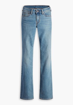 Light blue denim jeans with a high waist, front button and zipper closure, five pockets, and slightly flared legs.