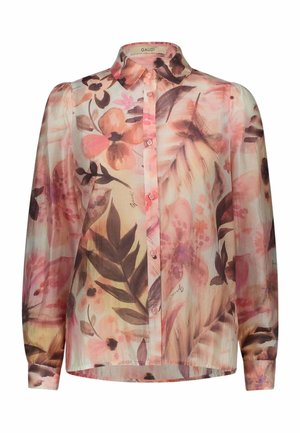 Blusa con bottoni a maniche lunghe con motivo floreale e foglie nei toni del rosa tenue, pesca e marrone e colletto appuntito.