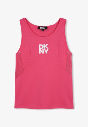 Top rosa senza maniche realizzato in tessuto elasticizzato, con scollo rotondo e logo bianco stampato "DKNY" sul davanti. Texture liscia e design aderente.