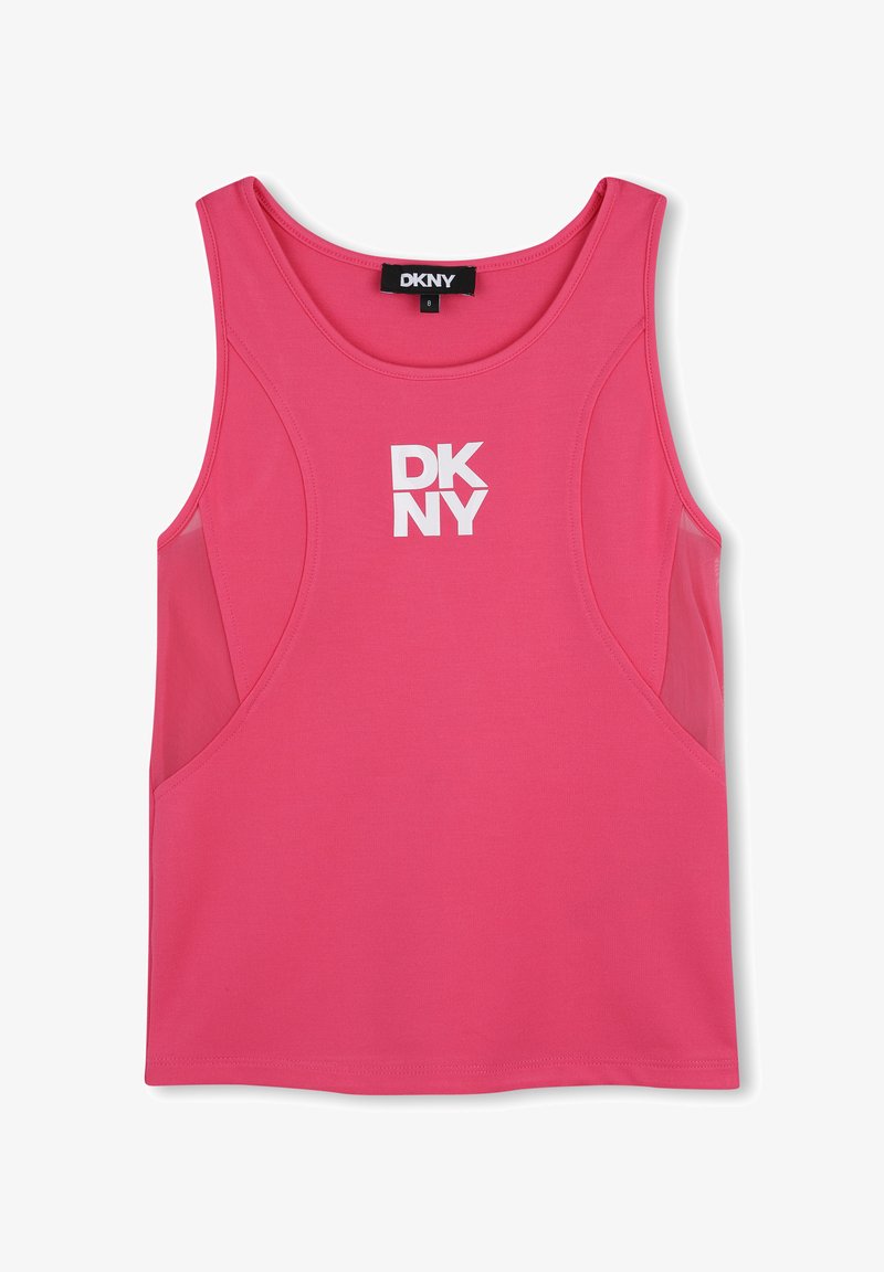 Haut rose sans manches en tissu extensible, avec un col rond et un logo imprimé blanc "DKNY" sur le devant. Texture lisse et coupe ajustée.