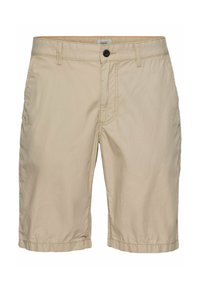 Beige shorts van lichtgewicht stof, met een knoopsluiting, zijzakken en een licht opgerolde zoom voor een casual uitstraling.