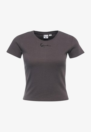 Gray ribbed t-shirt with short sleeves and a rounded neckline. Features a subtle black embroidered logo near the collar.