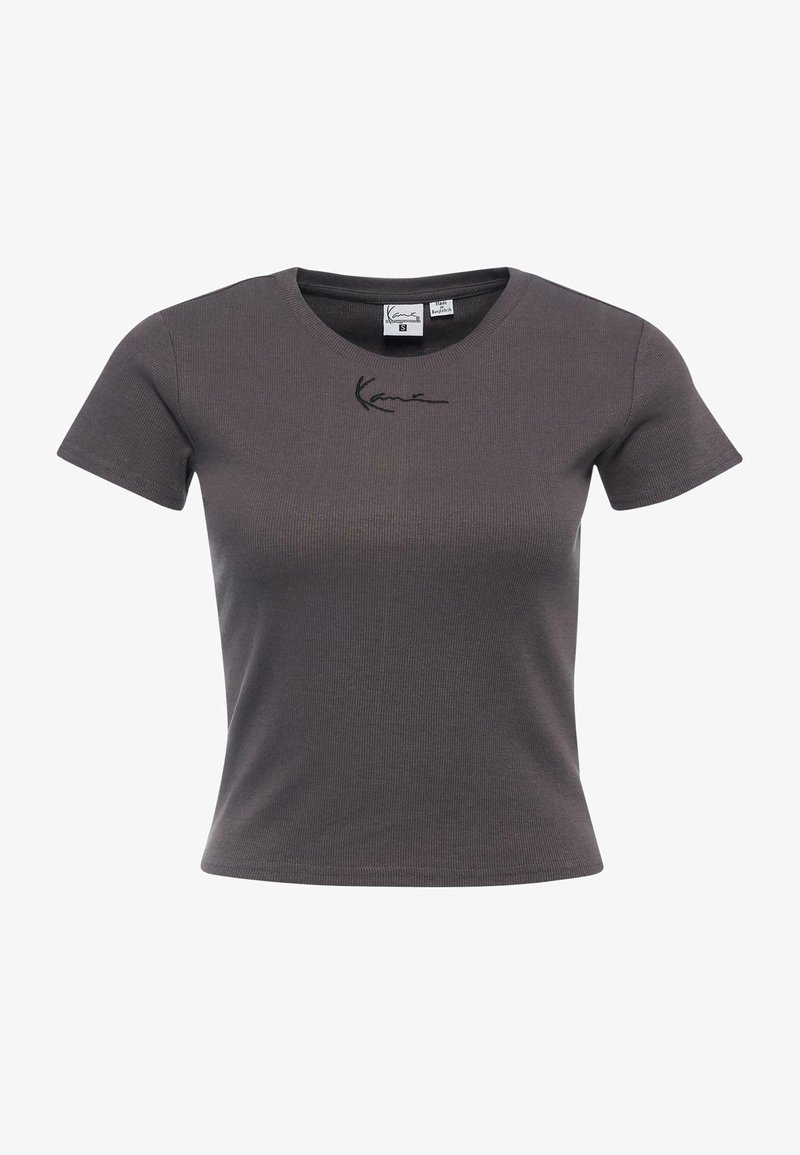 Gray ribbed t-shirt with short sleeves and a rounded neckline. Features a subtle black embroidered logo near the collar.