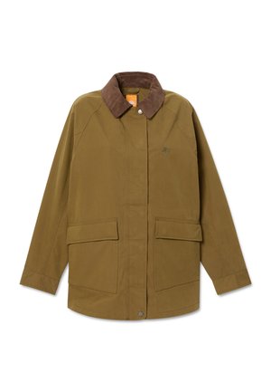 Olivgrüne Jacke aus robustem Stoff, mit braunem Cordkragen, zwei Vorderentaschen und einem Logodetail auf der Brust.