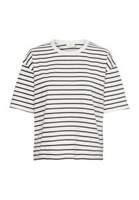 Camiseta de manga corta blanca con rayas horizontales negras, con un cuello redondo y un ajuste relajado. Tejido suave con textura lisa.