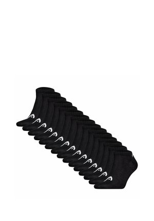 Fourteen pairs of black ankle socks with a white curved logo on the side, arranged in a diagonal line on a white background.