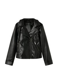 Giacca biker nera in finta pelle con cerniera frontale asimmetrica, due tasche con zip, collo a punta e maniche lunghe.