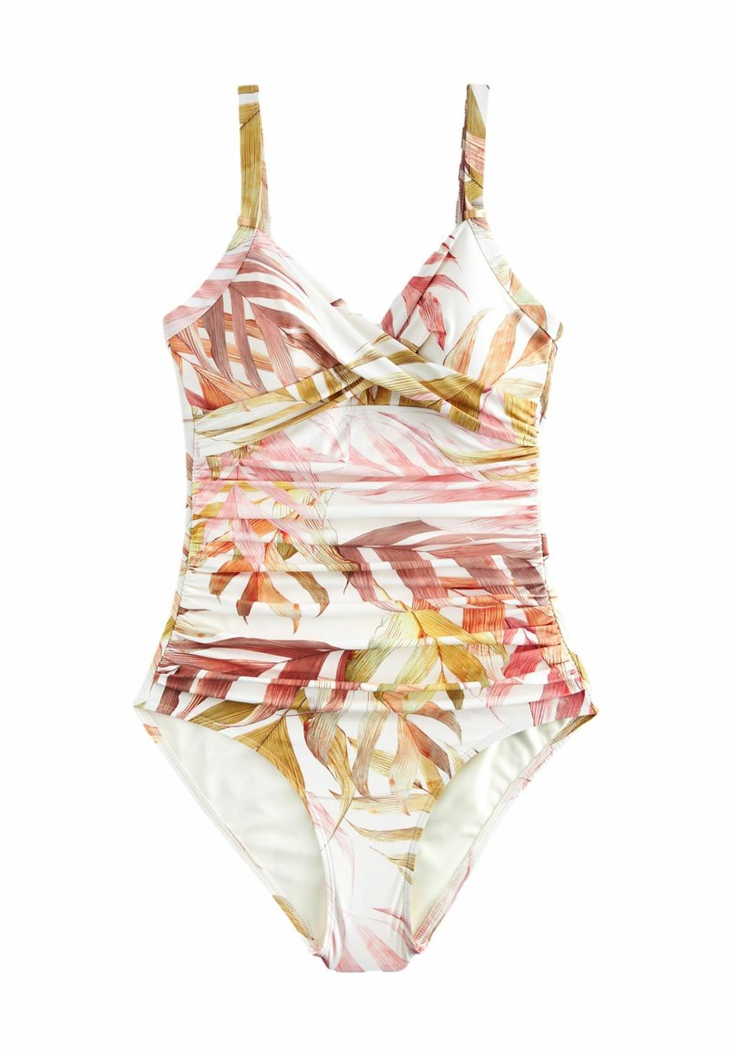 Costume intero con spalline regolabili, caratterizzato da un motivo di foglie tropicali rosa, marroni e gialle su sfondo bianco.