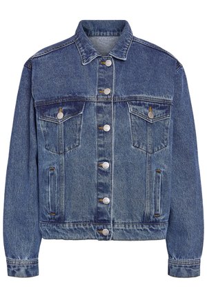 Classic blue denim jacket with a button-up front, two chest pockets, and side pockets. Features a collar, long sleeves, and visible stitching.