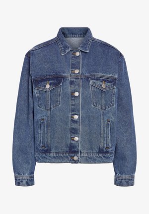 Classic blue denim jacket with a button-up front, two chest pockets, and side pockets. Features a collar, long sleeves, and visible stitching.