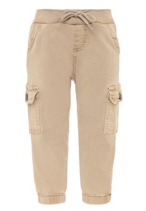 Beige cargobukser med elastisk talje og snøre. Har sidelommer med klap og knap samt elastiske manchetter ved anklerne.