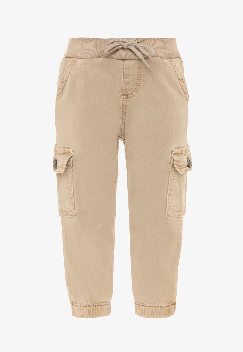 Pantalon cargo beige avec taille élastique et cordon de serrage. Comprend des poches latérales à rabat et bouton, ainsi que des poignets élastiques aux chevilles.