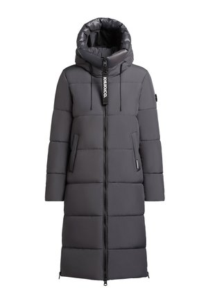 Long dark gray padded winter coat with high collar, hood, front zipper, two side pockets, and branded zipper pull tab.