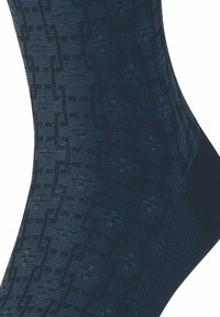 Blue patterned sock featuring a textured design with varying shades. The upper section has a ribbed texture and is darker at the toe.