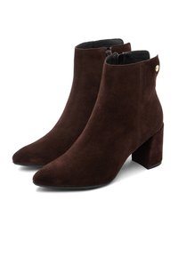 Botas de ante marrón hasta el tobillo con punta afilada y tacón grueso. Cuentan con un cierre de cremallera y un detalle dorado en el lateral.