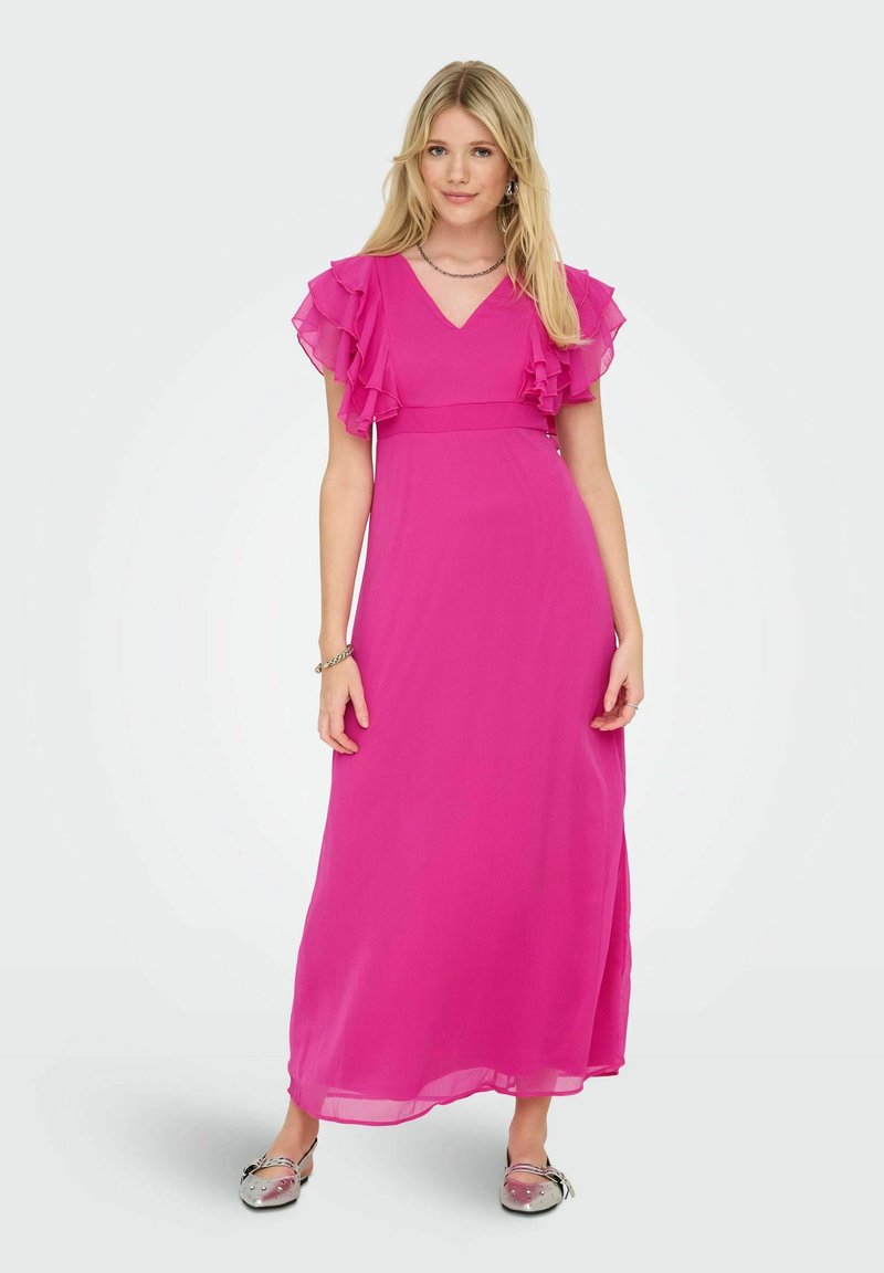 Fuchsia maxiklänning i lätt material med volangärmar och V-ringning. Har en definierad midja och en jämn textur.